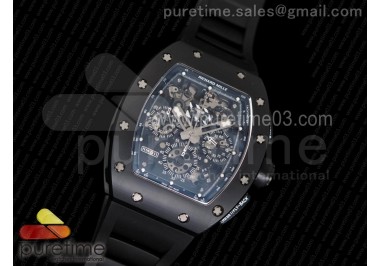 RM011 Real Ceramic Case Chronograph KVF 1:1 Best Edition Crystal Skeleton Dial Black on Black Rubber Strap A7750