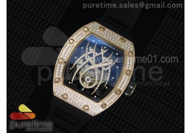 RM 19-01 Tourbillon RG Full Paved Diamonds Case Skeleton Spider Dial on Black Rubber Strap 6T51