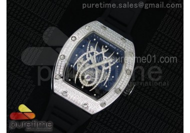 RM 19-01 Tourbillon SS Full Paved Diamonds Case Skeleton Spider Dial on Black Rubber Strap 6T51