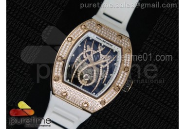 RM 19-01 Tourbillon RG Full Paved Diamonds Case Skeleton Spider Dial on White Rubber Strap 6T51