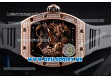 Richard Mille RM 51-01 Tourbillon Tiger and Dragon Rose Gold Case with Seleton Dial and Black Rubber Strap Diamonds Bezel